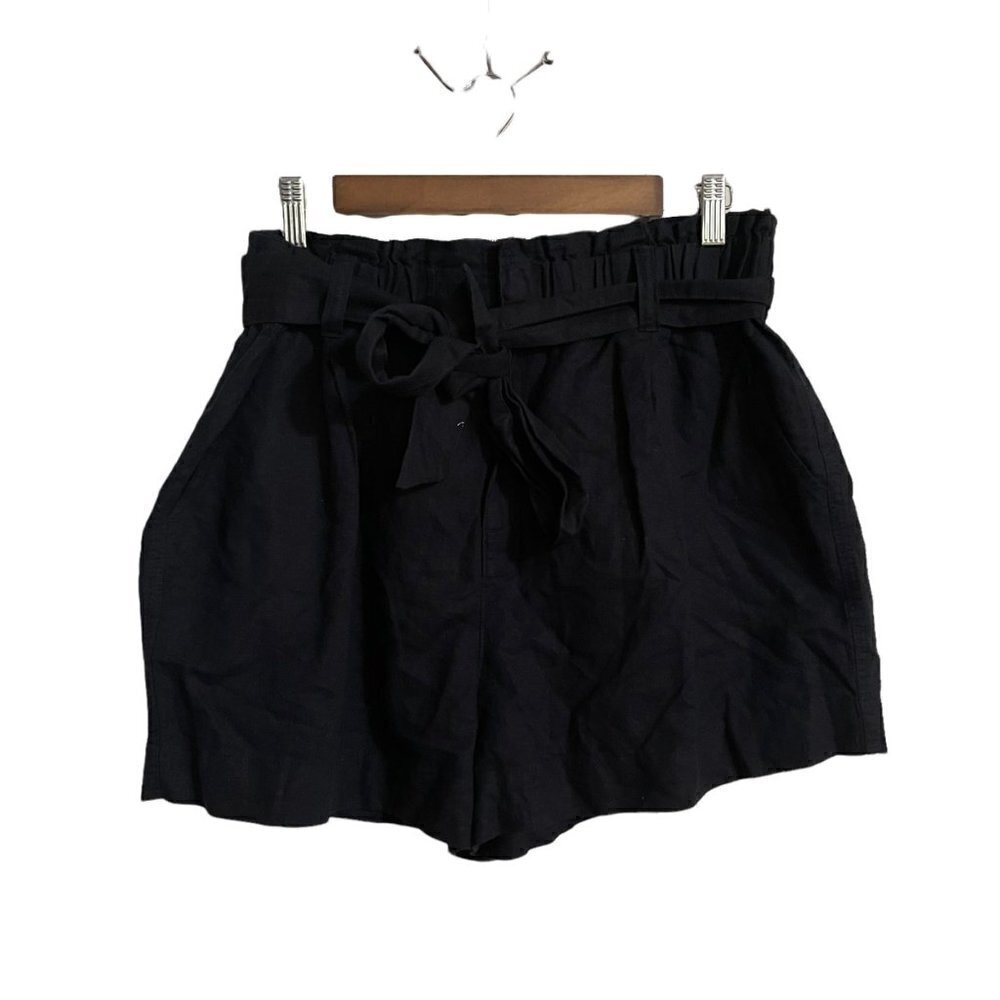 Goodthreads Womens NWT Black Linen Blend Paperbag Waist High Rise Tie Shorts 14